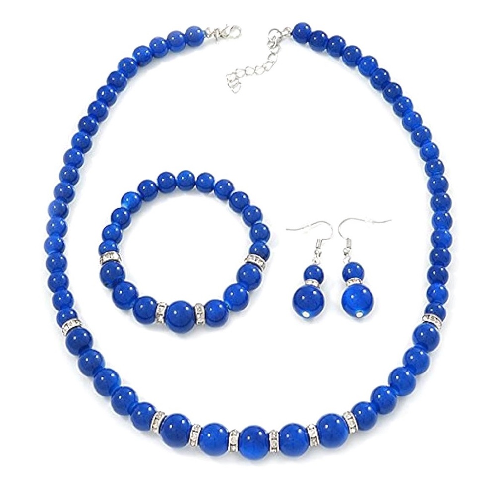 Blue Ceramic Bead Necklace,Bracelet,Drop Earrings w/ Crystal Ring In Silver Tone